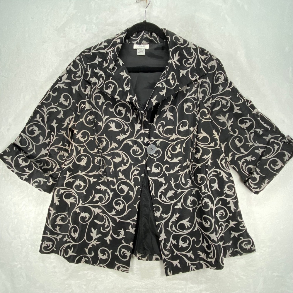 Dorman Black Floral Print 3/4 Sleeve Button‎ Front Jacket Blazer Size M